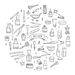 Hand drawn doodle Nail salon icons set. Vector illustration. Manicure accessories collection. Cartoon various sketch pedicure tools elements: polish, bottle, brush, varnish, scissors, lotion, cream