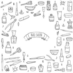 Hand drawn doodle Nail salon icons set. Vector illustration. Manicure accessories collection. Cartoon various sketch pedicure tools elements: polish, bottle, brush, varnish, scissors, lotion, cream