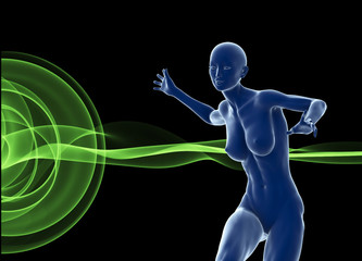 Slim attractive sportswoman running against a black background. 3d illustration