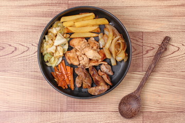 Fried teriyaki chicken with butter potato and herb.