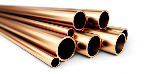 Set of copper pipes of different diameter . Isolated on White Background. 3D illustration - obrazy, fototapety, plakaty