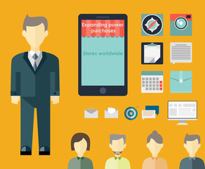 Set of flat design concept icons for infographic and presentation. Icons for mobile marketing, email marketing, video marketing and digital marketing.