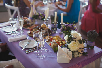 Glasses. Bottle. Wedding reception. Restaurant.