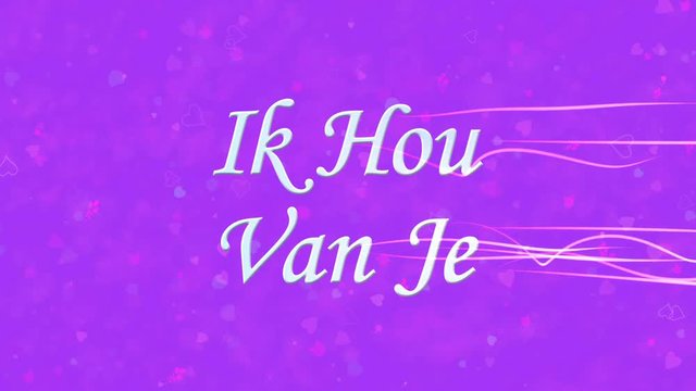 "I Love You" text in Dutch "Ik Hou Van Je" formed from dust and turns to dust horizontally with moving stripes on purple animated background
