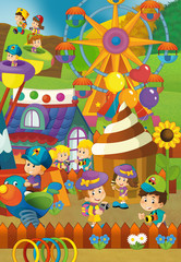Cartoon happy and funny traditional scene with amusement park - illustration for children