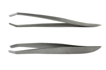 Gray metallic tweezers isolated on white background.