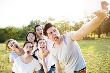 happy young group taking selfie in the park