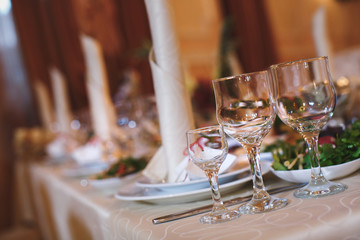 Beautiful wine and champagne glasses in the restaurant.