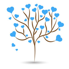 Love tree with blue heart leaves different sizes on white background. Vector illustration
