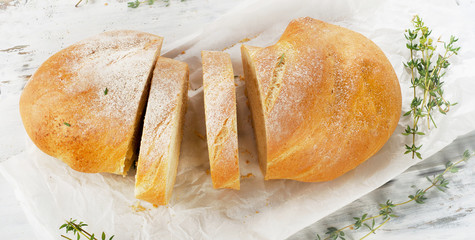 Healthy ciabatta bread with fresh herbs.