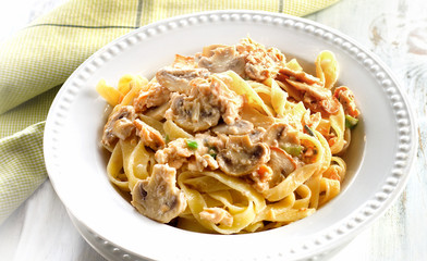 Plate of pasta with mushroom cream sauce.