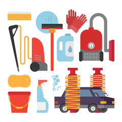 Automatic and hand carwash facilities. Cleaning equipment car washing set. Flat vector icons.