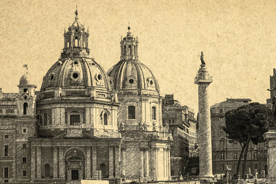 Grunge background with paper texture and landmarks of Rome - two domes of the Church of Santa Maria di Loreto and Colonne Trajane. Italy. Sketch style.