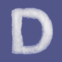Fototapeta premium Winter alphabet, symbols made from cottonwool. Blue background isolated.All Letters. High resolution.