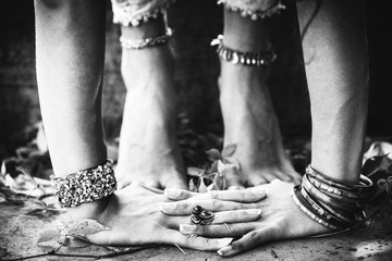 closeup of woman feet in yoga position outdoor