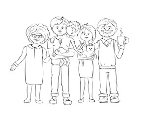 United family / Graphic vector illustration with mother, father, grandmother, grandfather, child and cat