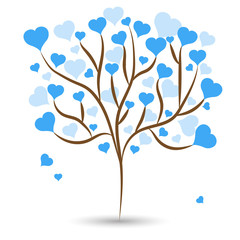 Beautiful love tree with blue heart leaves different sizes on white background. Vector illustration