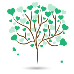 Beautiful love tree with green heart leaves different sizes on white background. Vector illustration