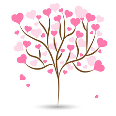 Obraz na płótnie Canvas Beautiful love tree with pink heart leaves different sizes on white background. Vector illustration