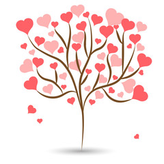 Obraz na płótnie Canvas Beautiful love tree with red heart leaves different sizes on white background. Vector illustration