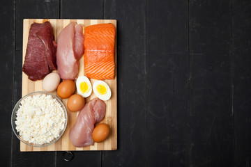 Proteins, fish, cheese, eggs, meat and chicken on a black background - 133187387