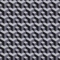 Abstract three-dimensional background with gray cubes. Seamless vector pattern.