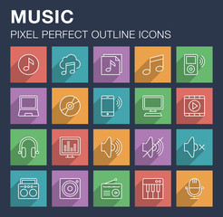 Set of pixel perfect outline music icons with long shadow. Editable stroke.