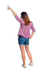 Back view of  pointing woman. beautiful girl. Rear view people collection.  backside view of person.  Isolated over white background. Girl in shorts and checkered shirt shows his hand to the sky.