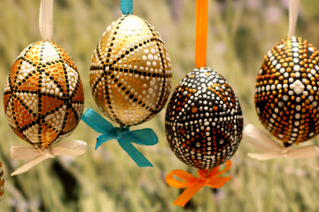 Easter decorated eggs. Template for congratulations card with spring background.