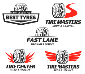 Set of Tyre Shop Logo Design. Wheel repair service. Tire storage company logo.
