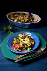 Ribbon pasta Casserole with chorizo and vegetables