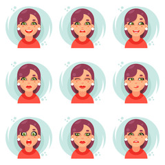 Funny emotions cute girl avatar icons set flat design vector illustration