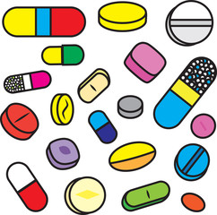 Collection Of Bright Cartoon Vector Drugs and Pills