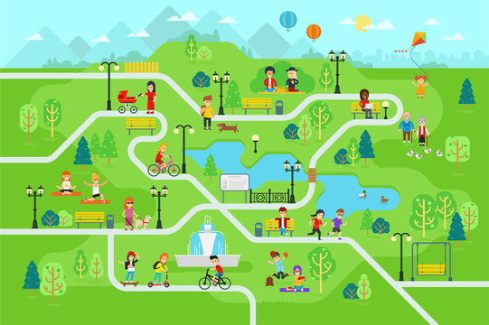 Rest in the park map infographic elements in flat vector design. People spend time relax in nature. Men, women and children rest, jog, ride the bicycle, skateboard. Park map with tree, lamp, bench