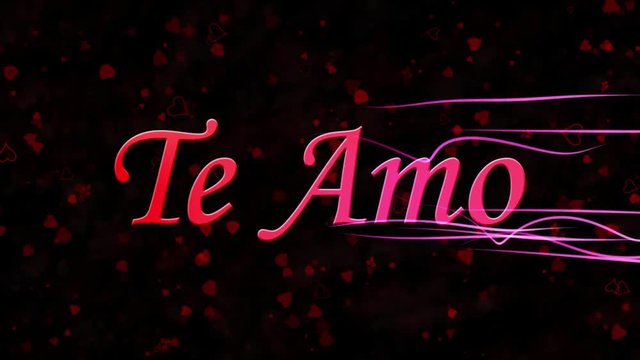 "I Love You" text in Portuguese and Spanish "Te Amo" formed from dust and turns to dust horizontally with moving stripes on black animated background
