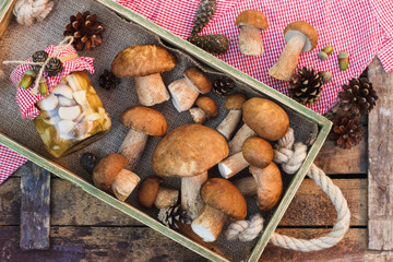 Raw white mushrooms, pine cones and decorations