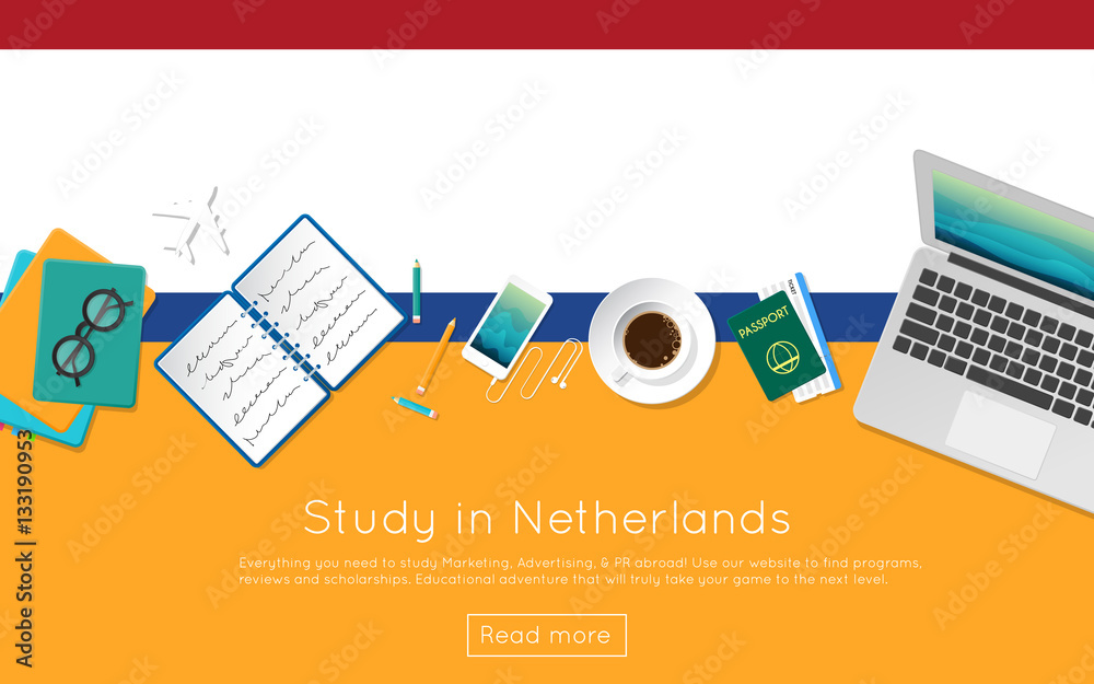 Wall mural study in netherlands concept for your web banner or print materials. top view of a laptop, books and