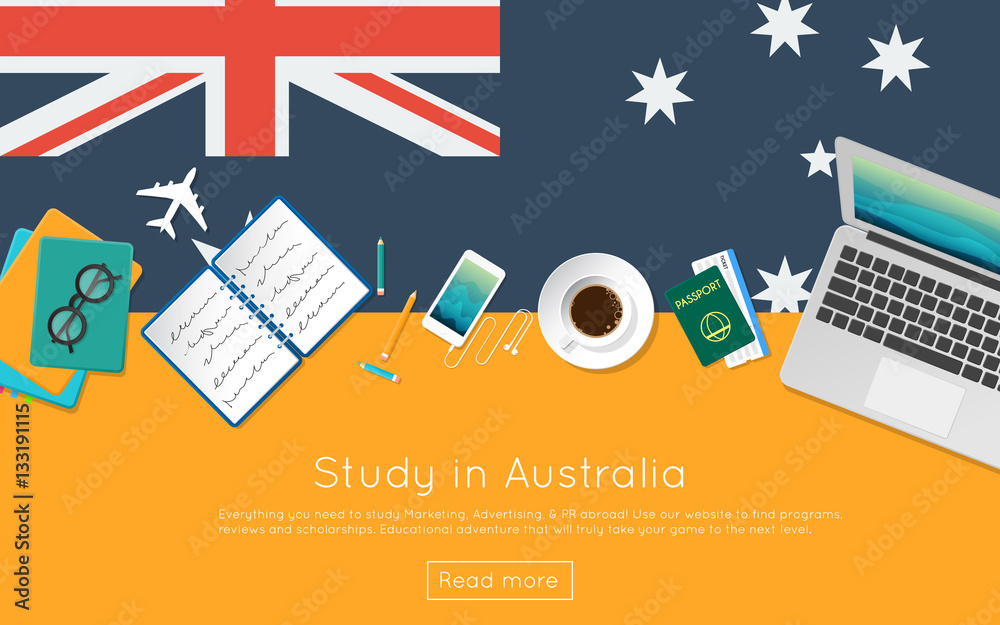 Canvas Prints study in australia concept for your web banner or print materials. top view of a laptop, books and c