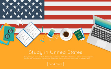 Study in United States concept for your web banner or print materials. Top view of a laptop, books and coffee cup on national flag. Flat style study abroad website header.