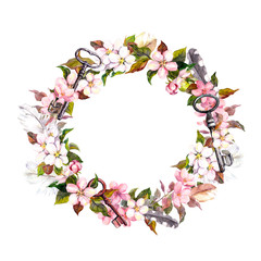 Obraz na płótnie Canvas Floral wreath with spring flowers, keys. Watercolor round border