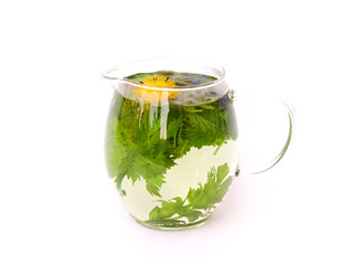 herbal tea in a glass jug on white background