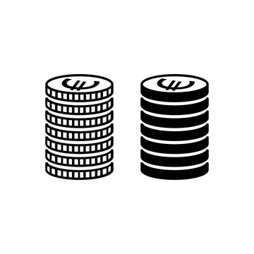 Stack of euro coins. Piled coins with euro signs with different edges. Vector Illustration