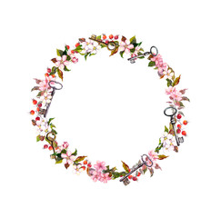 Floral wreath with spring flowers, keys. Vintage watercolor round frame
