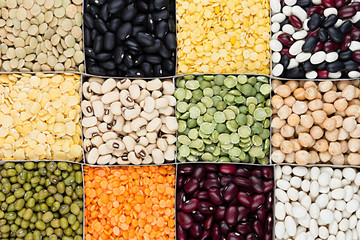 Pulses food background, assortment  - legume, kidney beans, peas, lentils in square cells closeup...