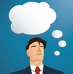 Portrait of businessman thinking with cloud chat box background 