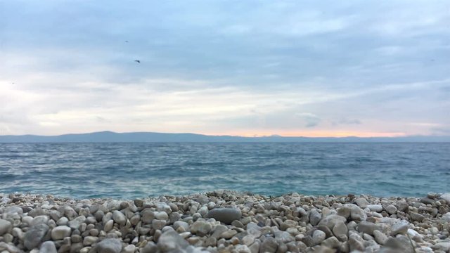Pebble beach and blue sea with seagulls flying above