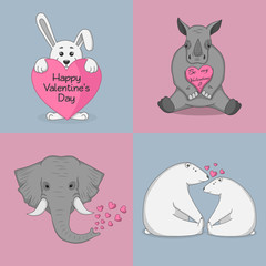 Set of vector illustrations for Day of Valentine with cute animals. Rabbit with heart, rhinoceros, bear and elephant.
