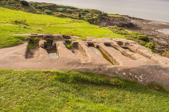Rock-cut tombs, Heysham village headland, Morcambe bay, Morecambe, Lancashire, UK