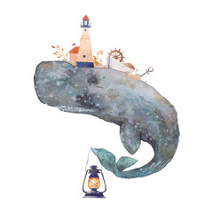 Fototapeta premium Akwarela kreatywny plakat cachalot. Ręcznie malowany fantastyczny wieloryb morski z latarnią morską, latarnią, kotwicą, roślinami, kołem, starą łodzią, kamieniami na białym tle. Sztuka żeglarska w stylu vintage