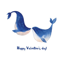 Happy Valentine's day card with sea whales in love. Hand drawn kissing underwater animals in cartoon style. Holiday greeting design